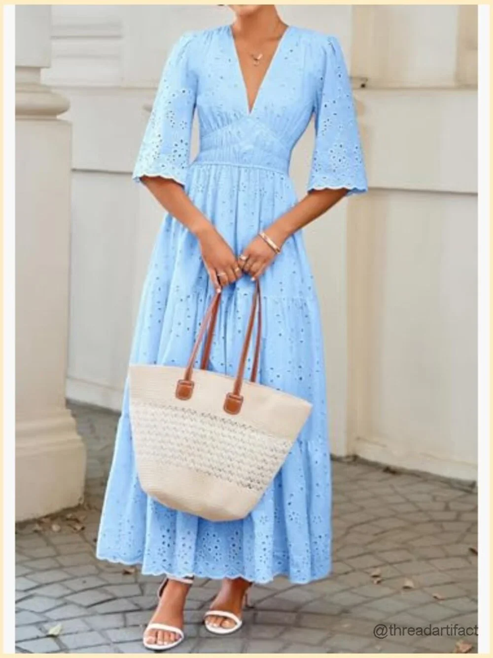 Long Sleeve V Neck Eyelet Ruffle Swing A-Line Boho Maxi Dress - Picture 3 of 7